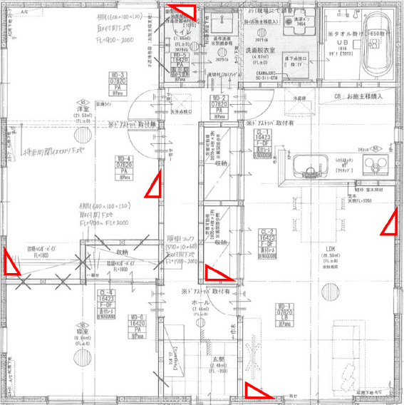 制振装置の配置場所を示した住宅の平面図